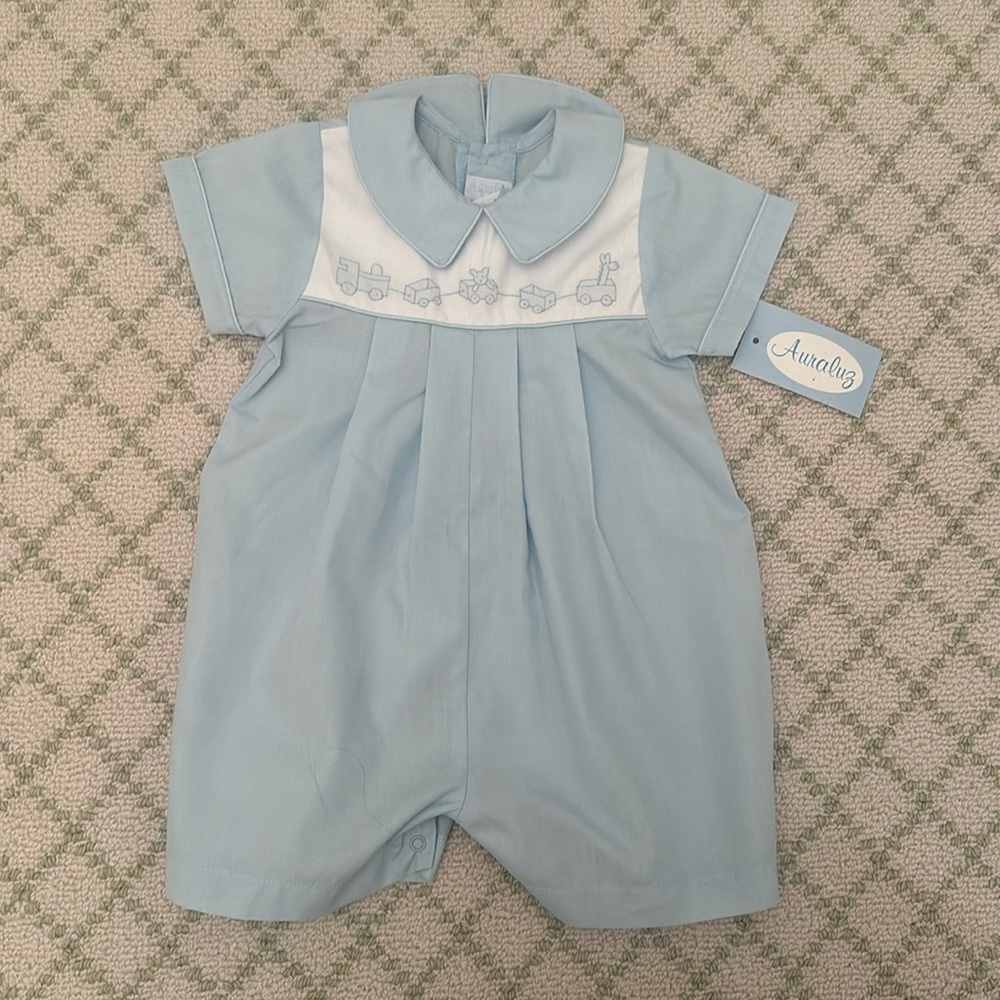 Auraluz, blue bubble, toy train motif, size 3 months, NWT